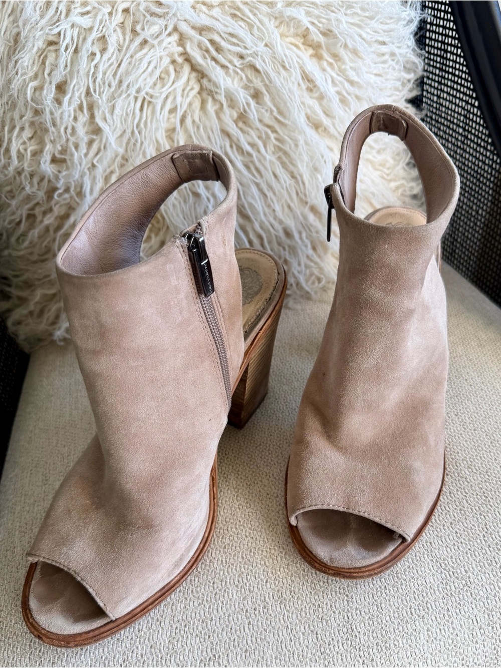 Vince Camuto Suede Open-Toe Block Heel Mules in Taupe